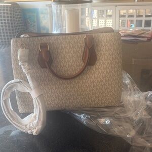 Michael Kors Cream Logo Satchel with Brown Trim